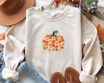 Sudadera con calabaza bordada con flores, estilo boho otoñal