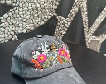 カスタム花柄手刺繍野球帽、デイジー刺繍帽子、ウォッシュコットン帽子