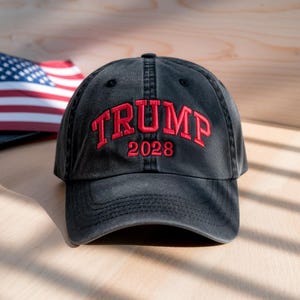 Embroidered Trump 2028 Hat – Embroidered Red Text MAGA Cap, MAGA Washed Cap, Republican Gift, Political Support Hat, Support Trump Cap
