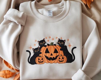 Embroidered Halloween Black Cat Sweatshirt, Pumpkin Fall Crewneck