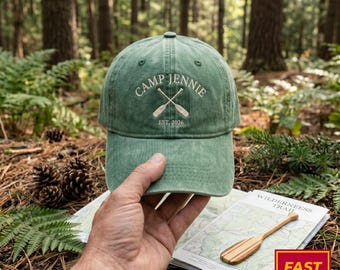 Embroidered Custom Camp Washed Hat, Personalized Camping Cap, Outdoor Adventure Cap, Camp Trip Gift, Summer Vacation Lake Life