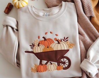 Embroidered Pumpkin Crewneck Sweatshirt, Fall Harvest