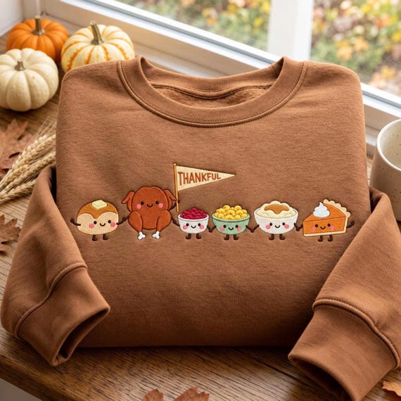Embroidered Thanksgiving Doodle Sweatshirt, Happy Thankful Shirt, Pie Coffee Turkey Food Shirt