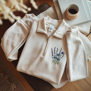 Embroidered Blue Flower Bouquet Quarter Zip Sweatshirt