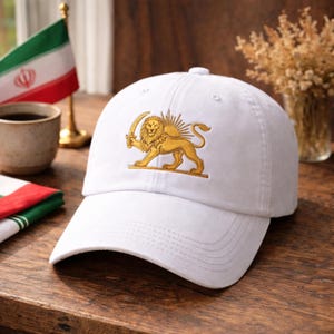 Embroidered Persian Lion Sun Cap: Shir o Khorshid Logo Hat, Heritage Symbol (100% Cotton)