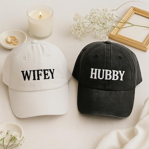 Embroidered Hubby Wifey Washed Hats, Custom Date on the Back, Vintage Baseball Cap, Mr and Mrs Hat, Gift For Bride and Groom, Wedding Gift