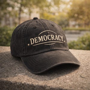 Könnte beinhalten: Eine schwarze Baseballkappe mit dem Wort "DEMOCRACY" in weißer, bogenförmiger Schrift. Die Kappe hat einen gebogenen Schirm und einen kleinen Knopf oben. Der Hintergrund ist verschwommen, mit Grün und Sonnenlicht.
