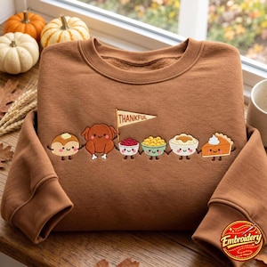 Embroidered Thanksgiving Doodle Sweatshirt, Happy Thankful Shirt, Pie Coffee Turkey Food Shirt