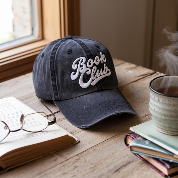 Embroidered Book Club Hat, Cotton Bookworm Cap