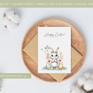 Jeu de cartes imprimables Joyeuses Pâques - Téléchargement numérique | Cartes de vœux illustrées et aquarellées pour le printemps | Conception d'oeufs et de lapin de Pâques