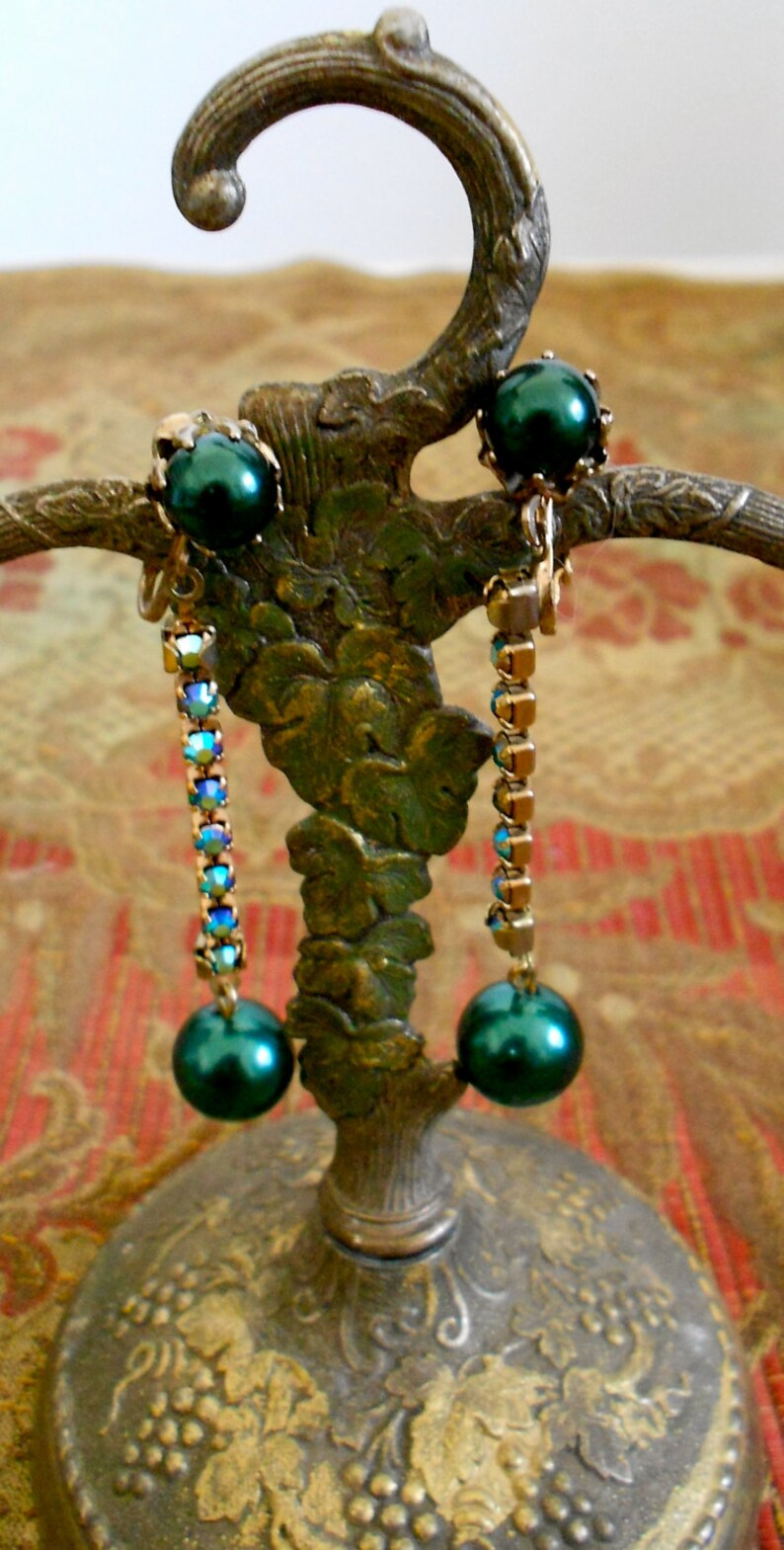 1960's Green Faux Pearl Drop Earrings image 1