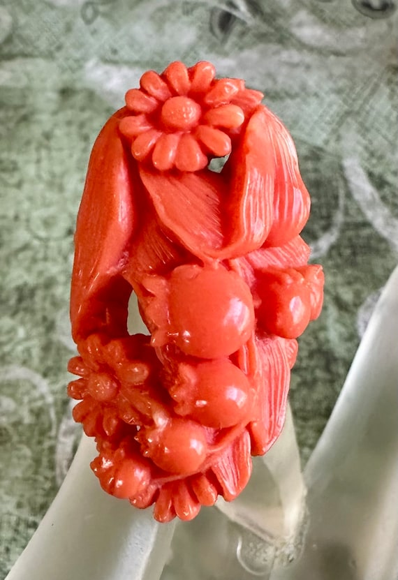 1940's Coral Colored Carved Celluloid Floral Ring - image 1
