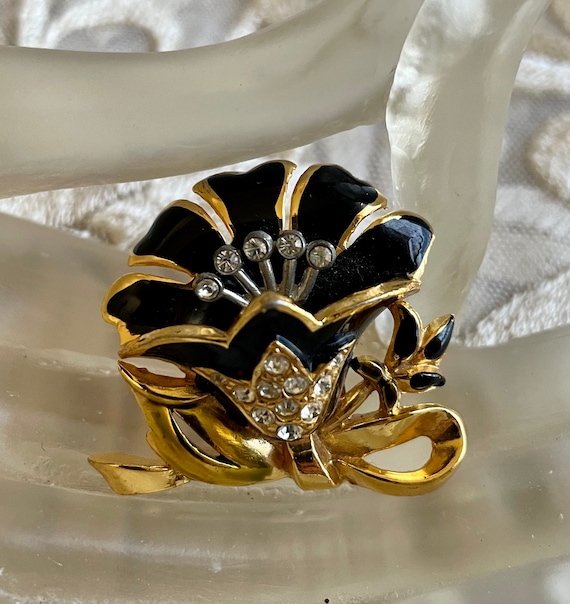 1940's Black Enamel Rhinestone Floral Dress Clip - image 1