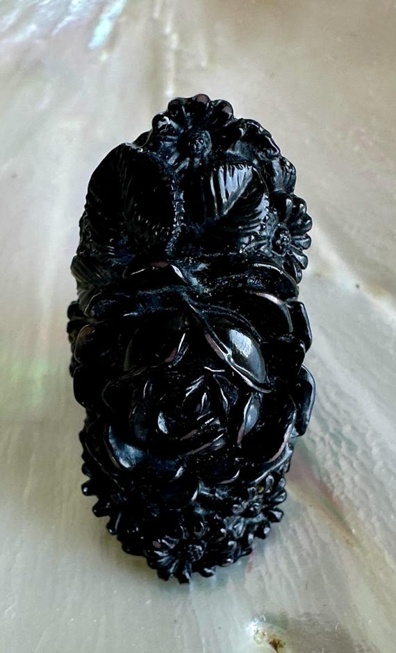 1940's Black Carved Celluloid Floral Ring - image 2