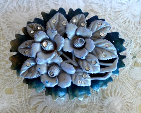 1940's Slate Gray Floral Celluloid Pin - image 1