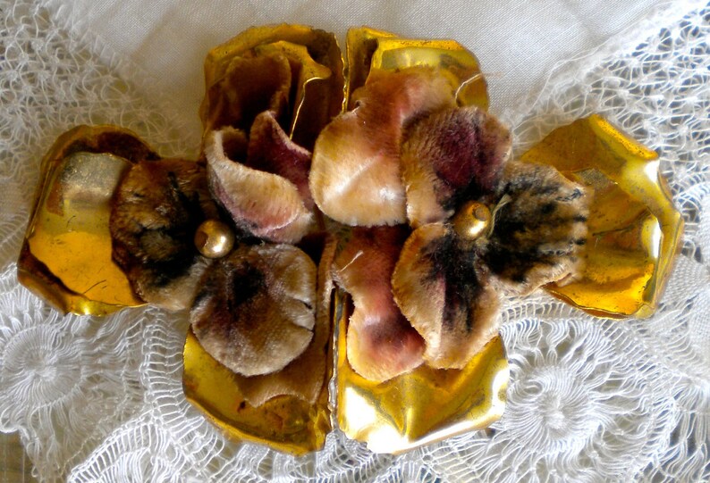 1930's Brass Faux Velvet Pansy Dress Clip Etsy