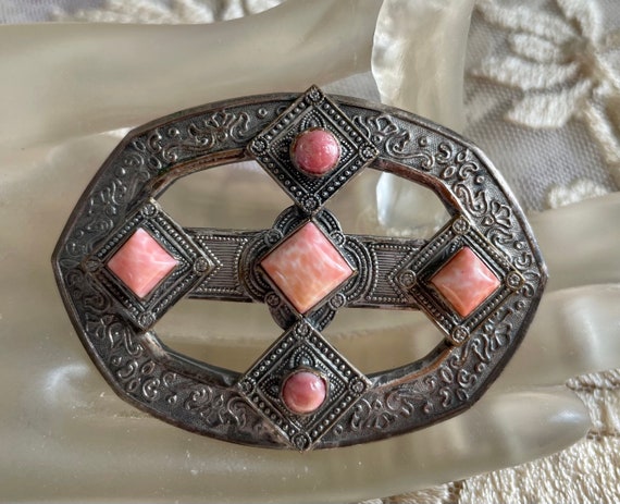 Art Nouveau Coral Stone Brooch - image 1