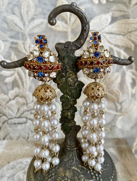 Serbin Crystal Orb Faux Pearl Chandelier Earrings - image 1