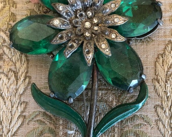 1930's Large Floral Green Stone Brooch