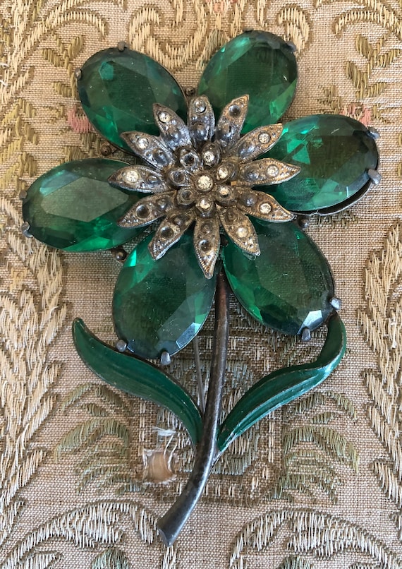 1930's Large Floral Green Stone Brooch - image 1