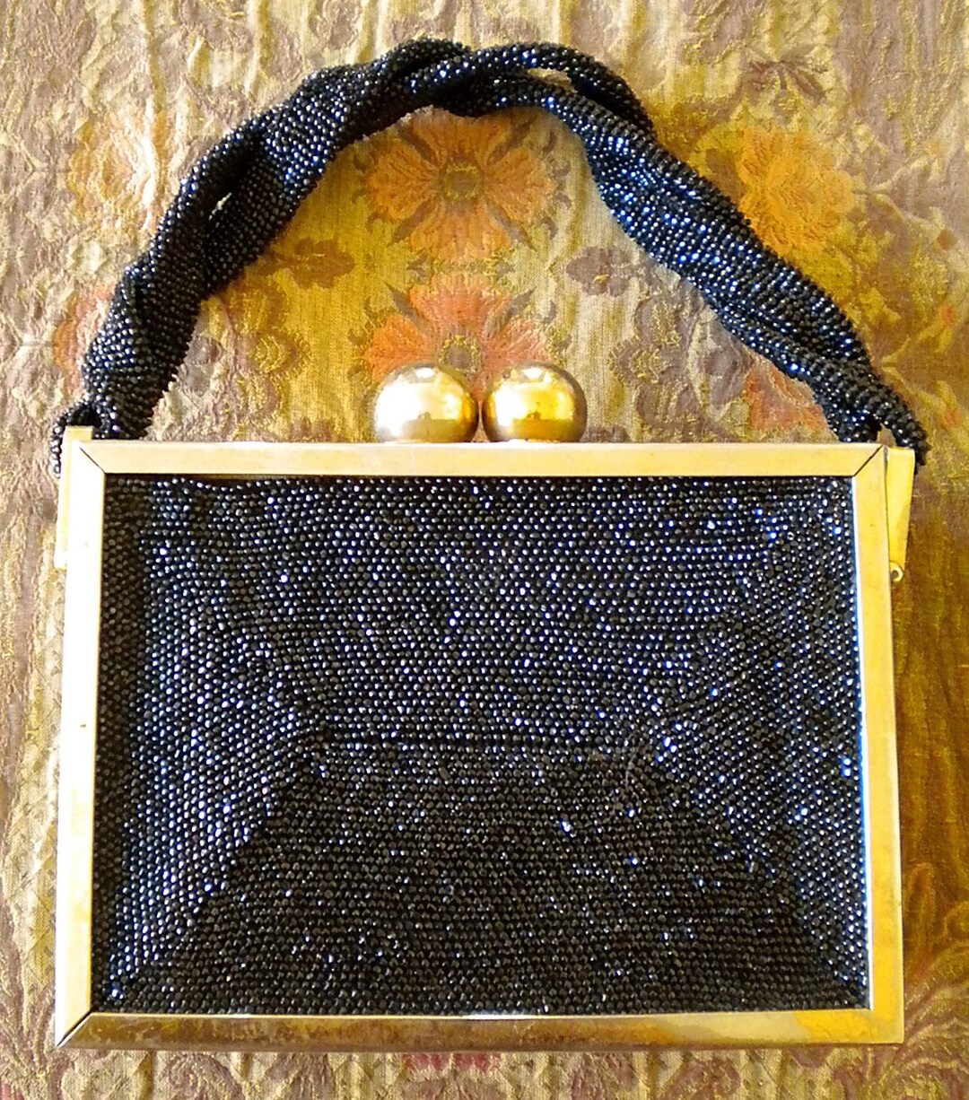 Vintage Black Beaded Box Purse With Brass Frame Etsy