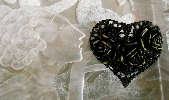 1930's Black Celluloid Heart Pin - image 1