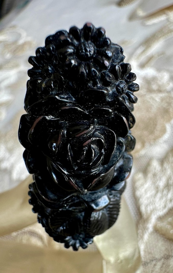 1940's Black Carved Celluloid Floral Ring - image 1