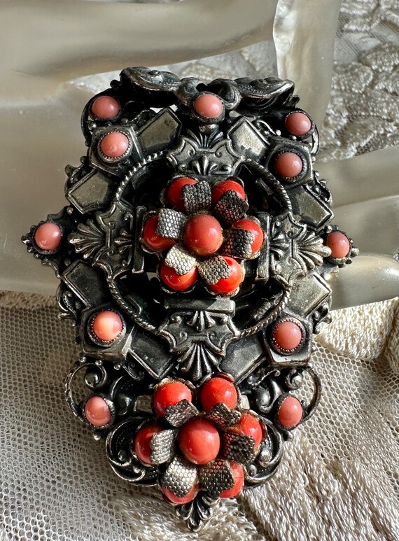 1930's Silver Tone Coral Beaded Dress Clip