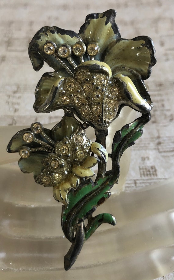 1930's Floral Enamel Rhinestone Brooch
