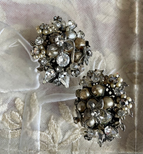 Robert Faux Pearl Rhinestone Clip Earrings