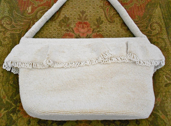 1940's White Beaded Ruffled Purse - image 2