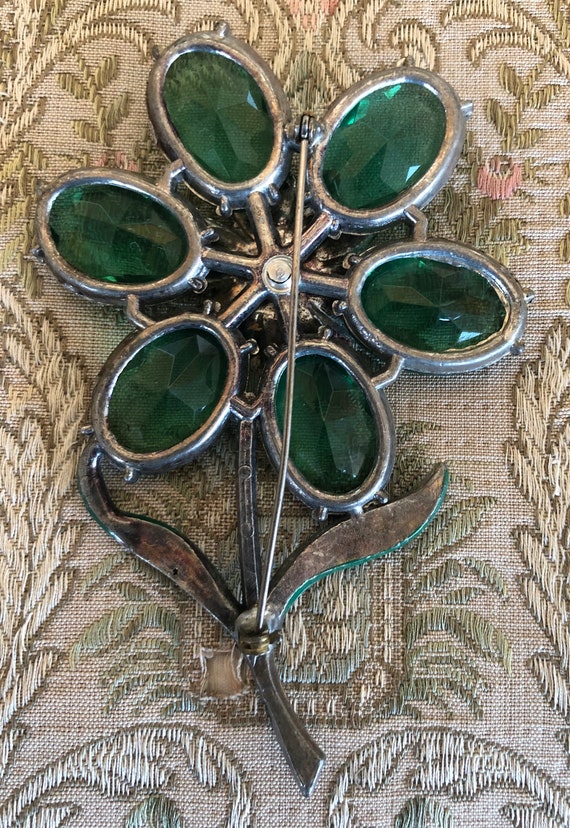 1930's Large Floral Green Stone Brooch - image 2