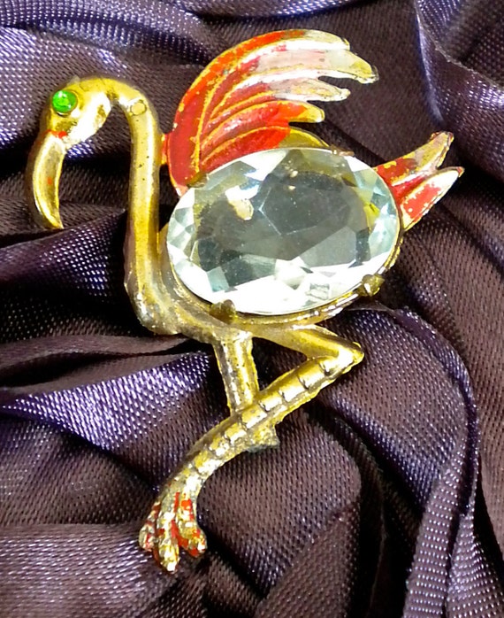 1950s Brass and Rhinestone Flamingo Pin - image 1