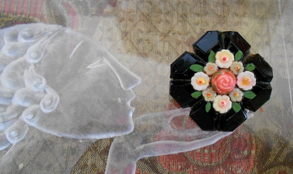 1940's Black Hand Painted Floral Pin