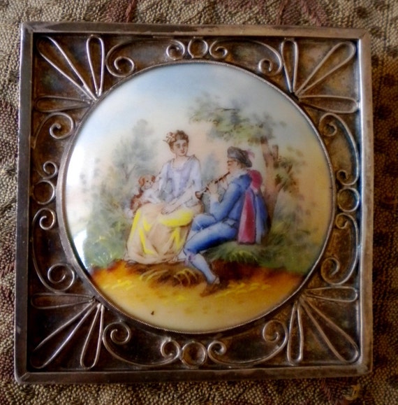 Beautiful Hand Painted Porcelain with Silver Fram… - image 1