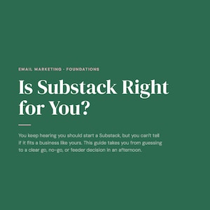 May include: A dark green digital guide cover titled Is Substack Right for You? with the subtitle Email Marketing Foundations. The text explains that the guide helps determine if Substack fits a business, featuring the BrandAxis Consulting logo.