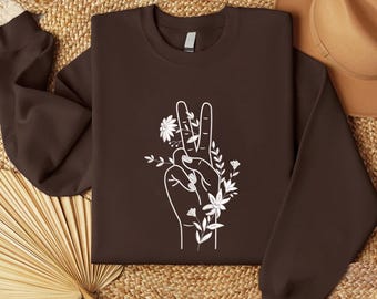 Embroidery Design File: Flower Two Hand Fingers Peace Sign Embroidery, Hippy Floral Peace, Trendy World Peace Anti War Human Rights, Cool.