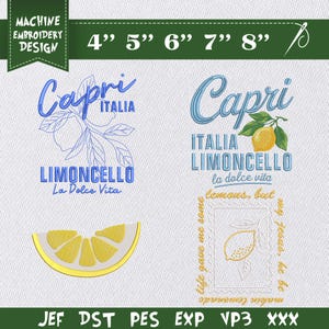 Op de afbeelding: Machine borduurontwerpen met de tekst "Capri Italia Limoncello" en citroenillustraties. Inclusief een citroenpartje en een omlijnd citroenontwerp. Maten variërend van 10,16 cm tot 20,32 cm breed.