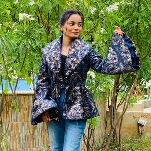 Luxury Women&#39;s Jacket, Elegant Blue & Gold Turkish Velvet Coat, Womens Jacket, Flared Sleeve, Formal Evening Wear, Designer Couture Jacket