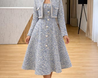 Vestido midi de tweed azul / Traje de invitada de boda estilo vintage