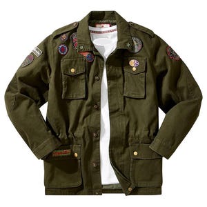 Men's Olive Green M65 Field Jacket with Patches – Military Style Utility Coat, Vintage Coat