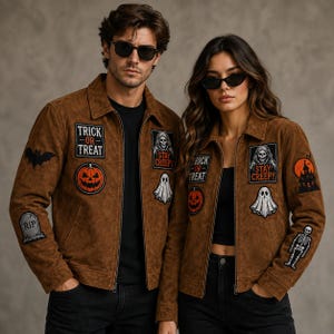 Chaqueta unisex de ante para Halloween – Parches bordados, estilo retro