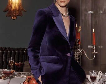 Conjunto de chaqueta y pantalón de terciopelo morado para mujer / Traje de terciopelo de lujo para mujer, vestido de fiesta