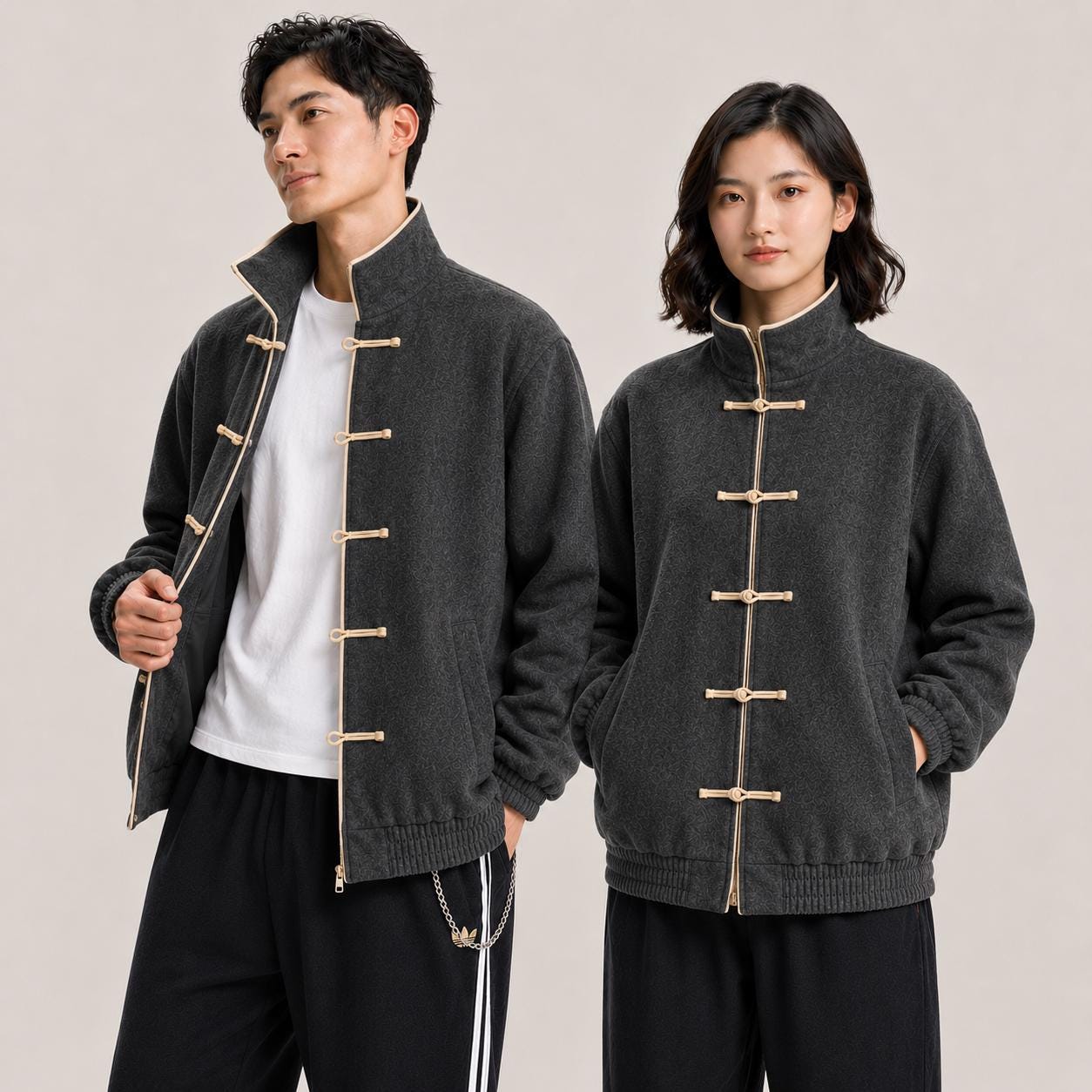 Wool Tang Jacket, Mandarin Collar Frog Button Bomber, Chinese