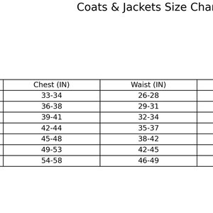 Puede incluir: Una tabla de tallas para abrigos y chaquetas, con medidas en pulgadas. La tabla incluye tallas XS a 3XL, detallando las medidas de pecho, cintura y cadera para cada talla. El texto "Coats & Jackets Size Chart" est&aacute; en la parte superior.