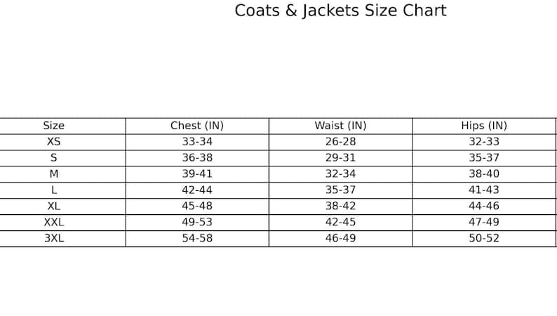 Puede incluir: Una tabla de tallas para abrigos y chaquetas, con medidas en pulgadas. La tabla incluye tallas XS a 3XL, detallando las medidas de pecho, cintura y cadera para cada talla. El texto "Coats & Jackets Size Chart" est&aacute; en la parte superior.