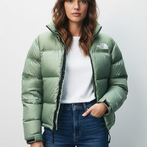 Puede incluir: Una mujer con una chaqueta acolchada verde claro con cremallera negra y el logotipo blanco "The North Face". Tambi&eacute;n lleva una camiseta blanca y vaqueros azules.