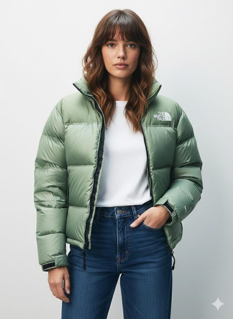 Puede incluir: Una mujer con una chaqueta acolchada verde claro con cremallera negra y el logotipo blanco "The North Face". Tambi&eacute;n lleva una camiseta blanca y vaqueros azules.
