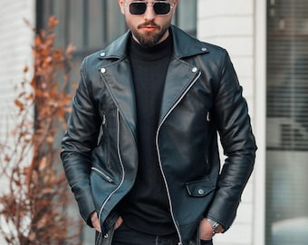 Chaqueta de cuero auténtico para hombre y mujer - Estilo motero