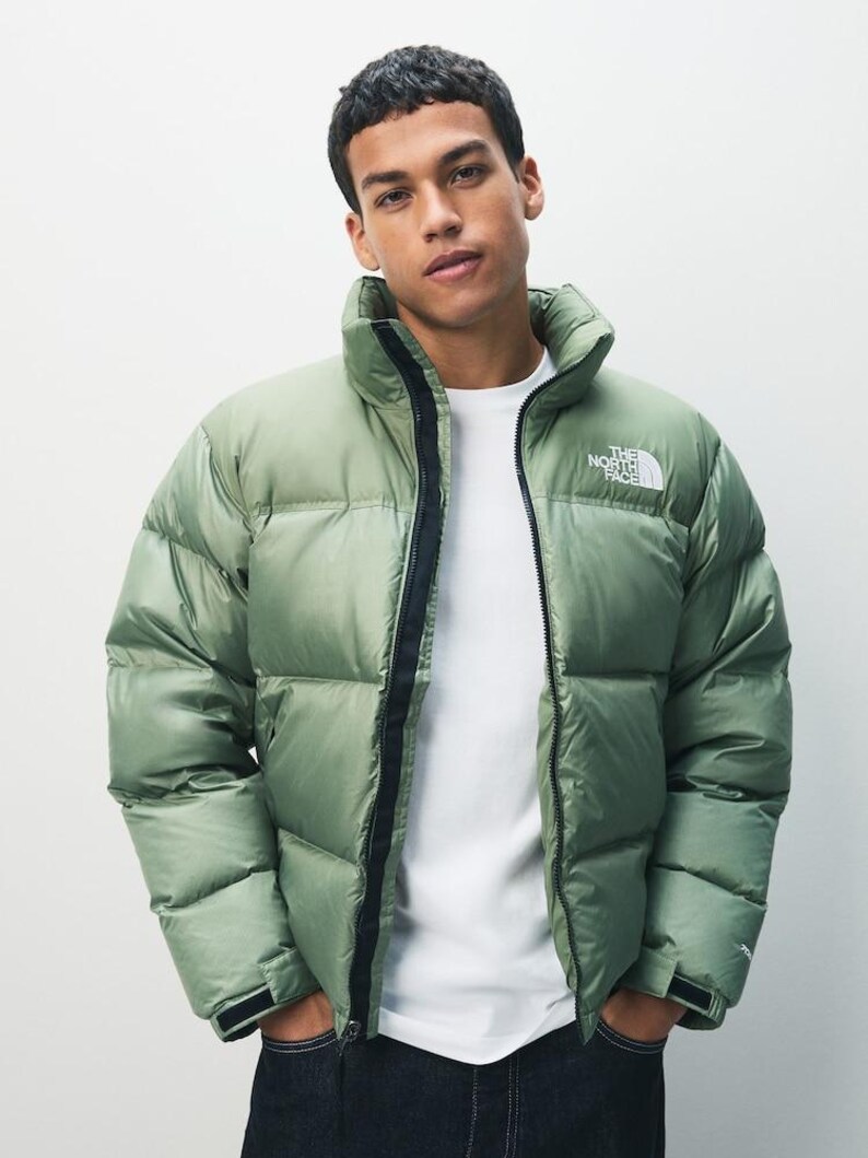 Puede incluir: Chaqueta acolchada verde salvia con cuello alto y cremallera negra. La chaqueta presenta el logotipo blanco "THE NORTH FACE" en el pecho. La persona lleva una camiseta blanca y vaqueros azul oscuro.
